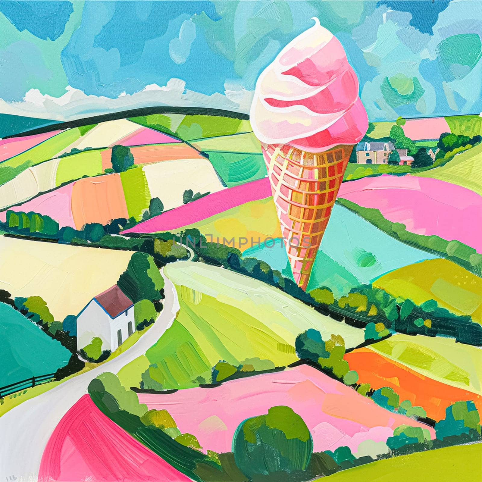 Fun oil fine art painting, ice cream in English country style, printable art design idea