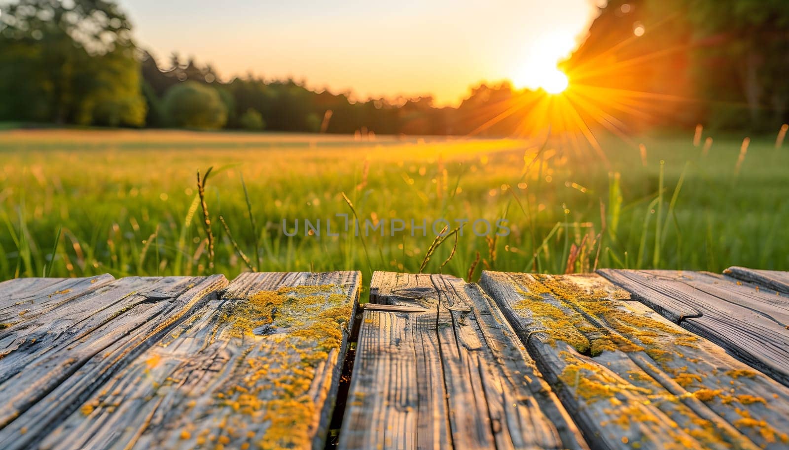 the sun is setting over a grassy field and a wooden deck in the foreground by Nadtochiy