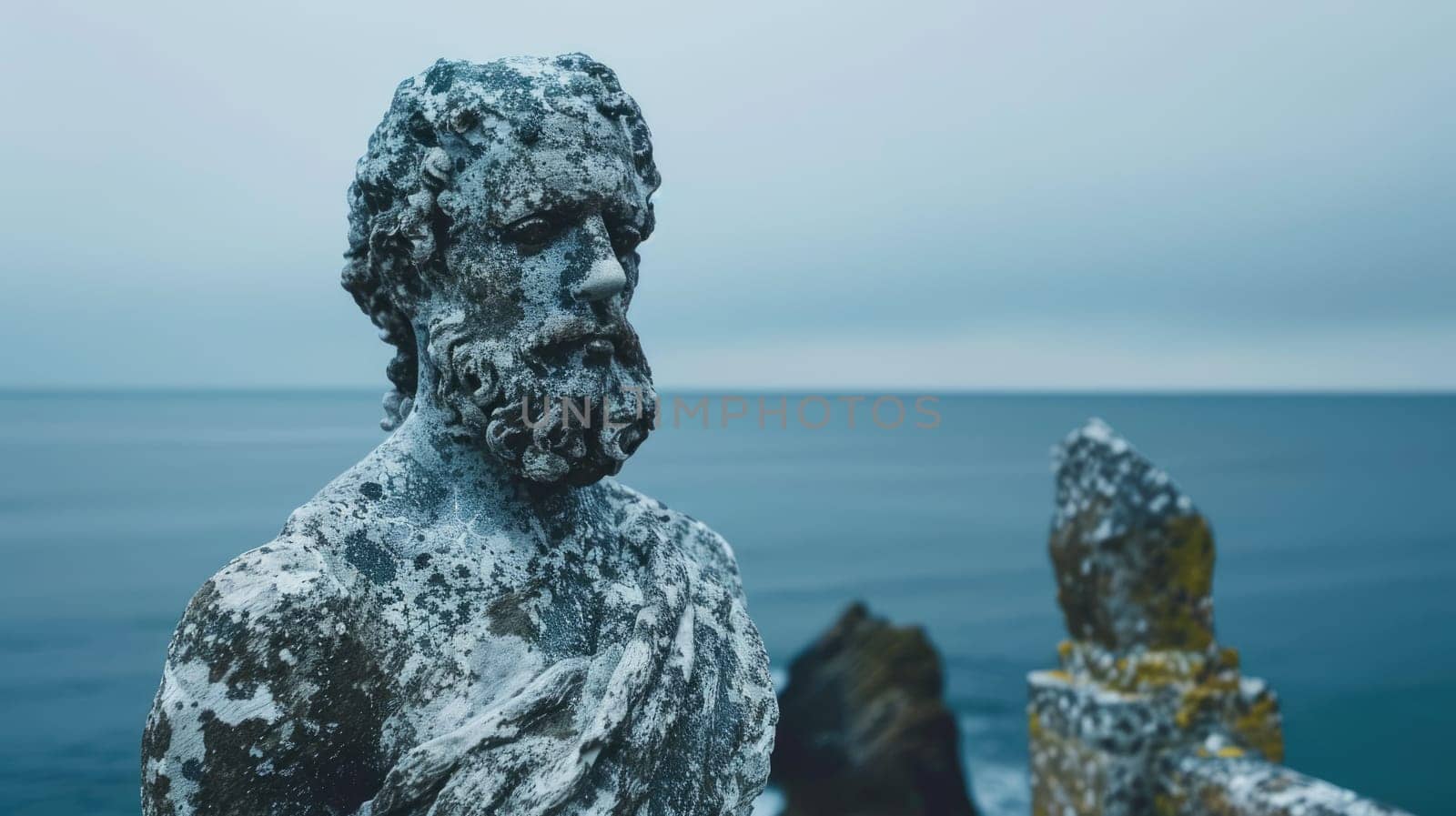 A sculpture of a woman on a rock, gazing out over the vast ocean in a serene natural landscape, with the sky and water blending seamlessly AIG50