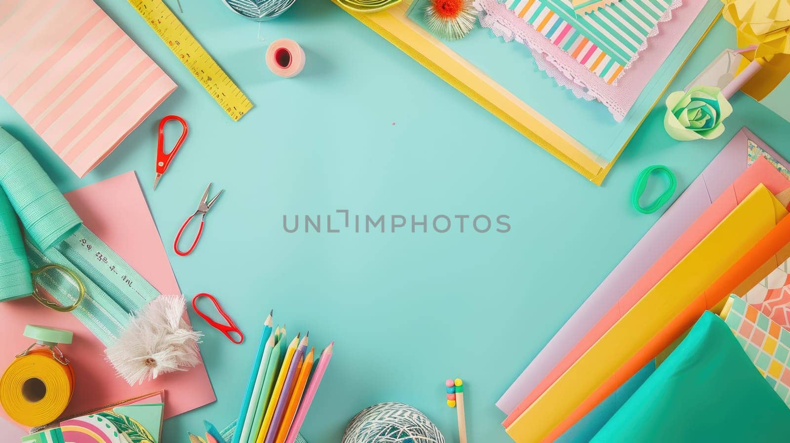 A table decorated with paper flowers, craft supplies, and colorful textiles in shades of green, azure, orange, yellow, and aqua. The vibrant electric blue patterns add an artistic touch AIG50