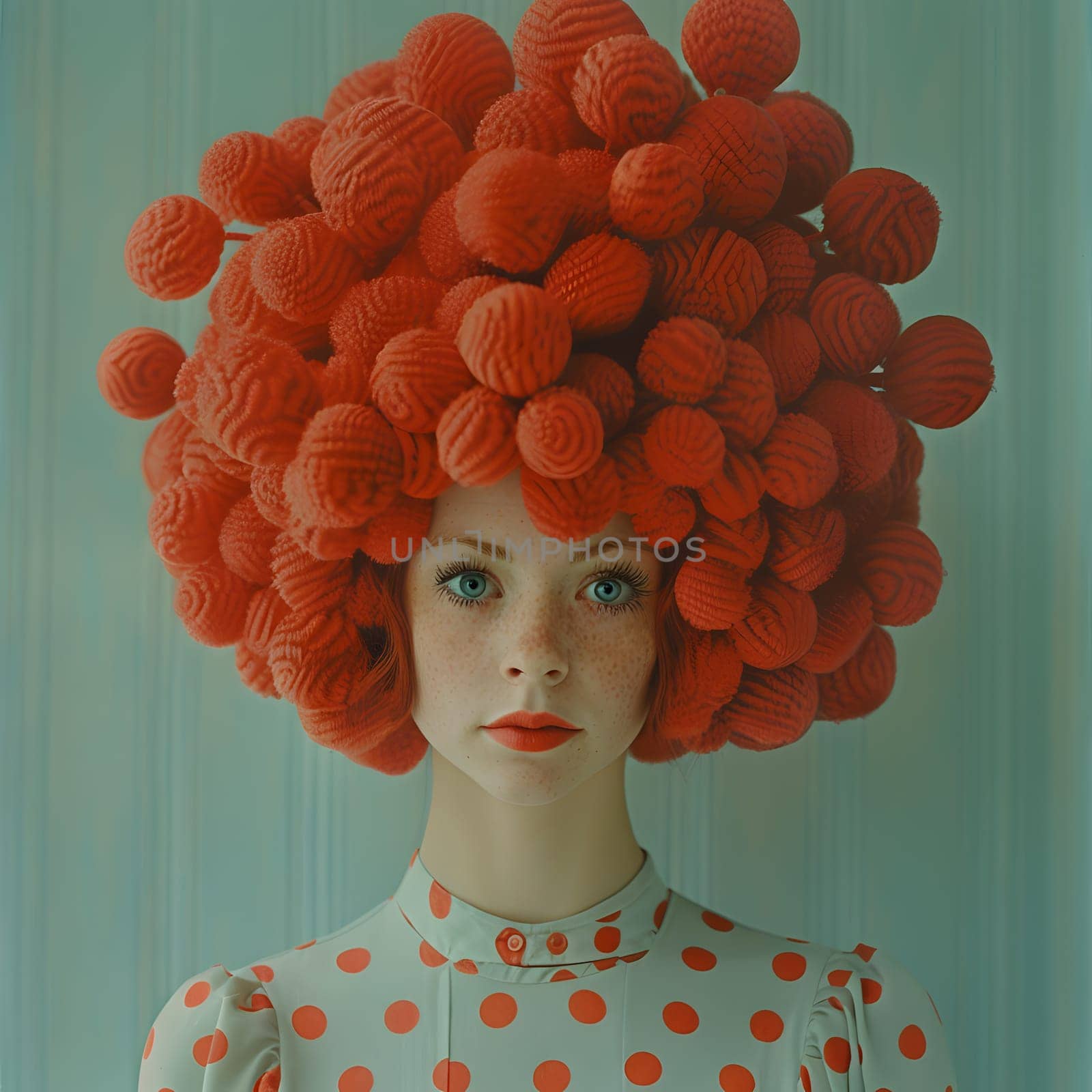 A lady is donning a polka dot dress adorned with an orange flower in her hair. She wears a voluminous red wig styled with artful petals, resembling a vibrant headgear