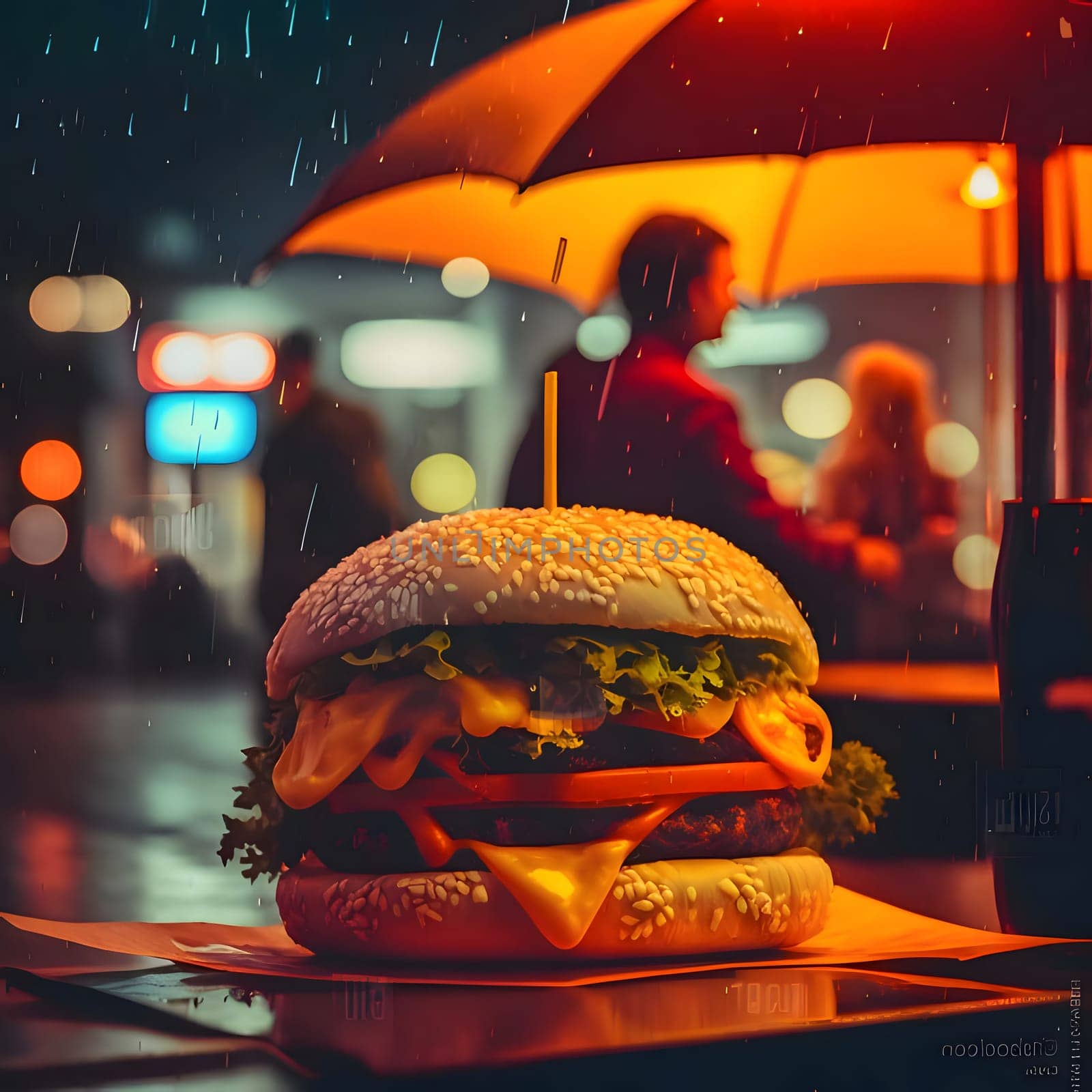 Hamburger, cheeseburger, chicken burger, burger with lettuce, cheese, bacon, pickle, tomato, sauce, onion. Illustration against a background of people, falling rain. Tasty.