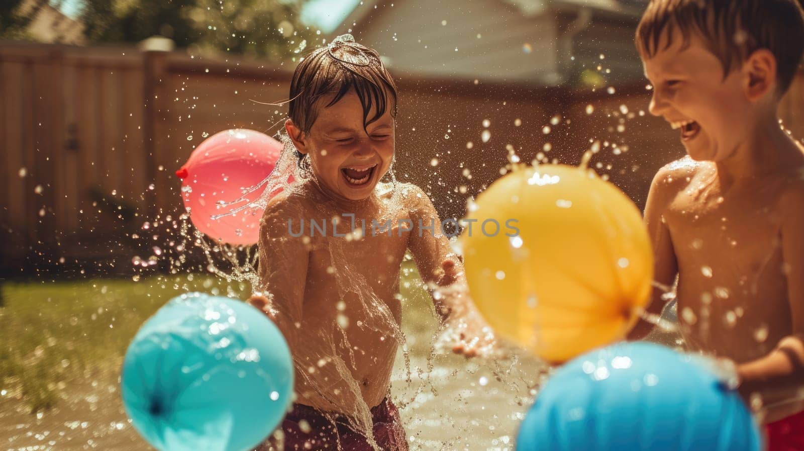 A joyful event unfolds as a group of children happily engage in a leisurely backyard activity, playing with water balloons. AIG41