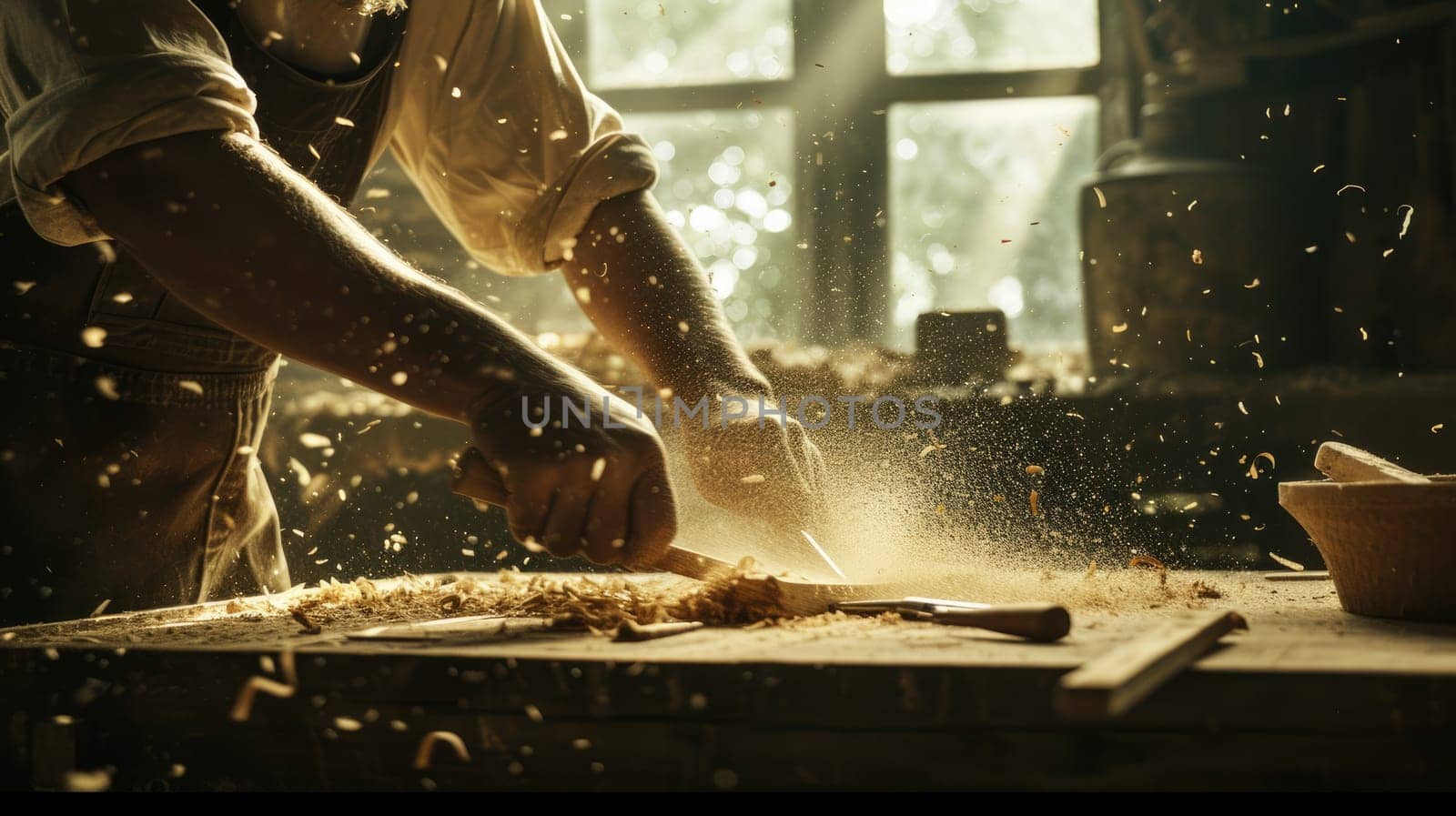 An experienced artisan carefully shapes wooden elements, demonstrating the art of fine woodworking in his cluttered workshop. AIG41