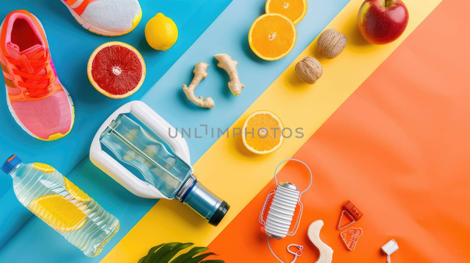 A variety of colorful fruits and vegetables are displayed on the azure table. These products are vibrant and fresh ingredients for delicious cuisine AIG50