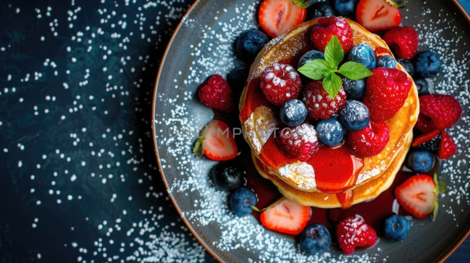 A stack of pancakes topped with strawberries and blueberries on a plate. The perfect combination of sweet fruit and fluffy pancakes, a delicious breakfast choice AIG50