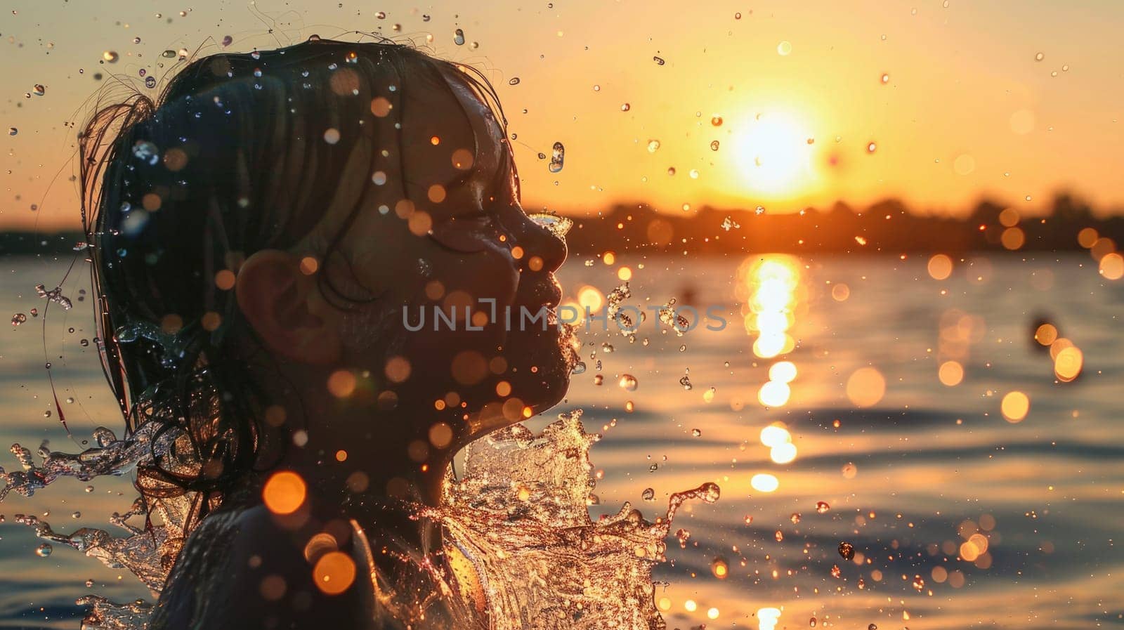 A young girl is happily swimming in the liquid landscape of the ocean at sunset, enjoying the fluid motions and reflections on the waters surface AIG50
