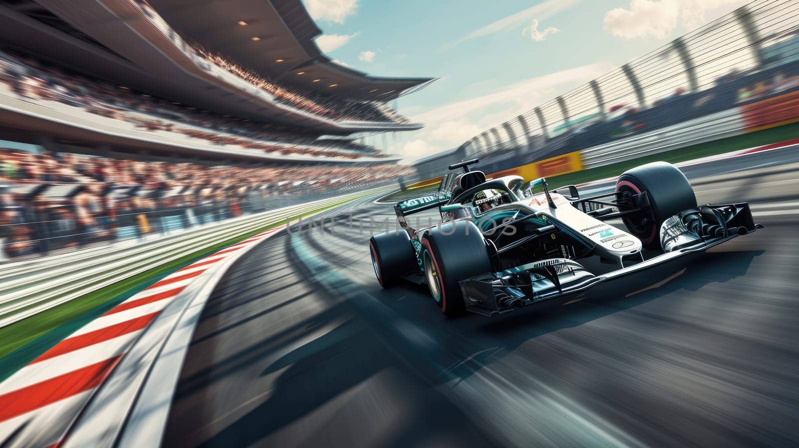 Racing car moving at high speed along racetrack with high speed and smoke. Racing car, propelled by the immense power of engine, hurtles down racetrack with incredible slicing through the air. AIG42.