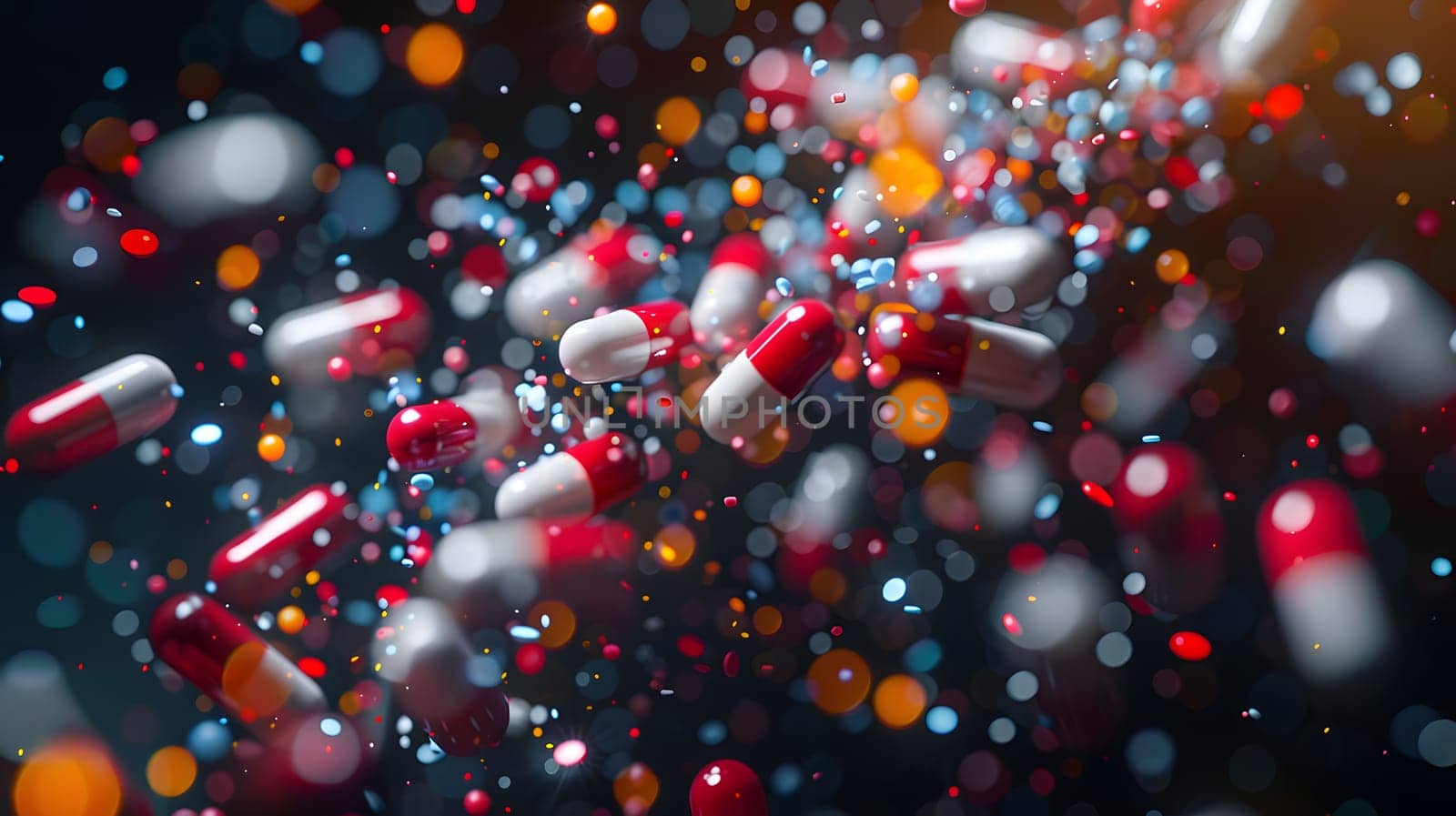 A flurry of red and white pills resembles berries on a Christmas tree amidst darkness, creating a unique holiday decoration event