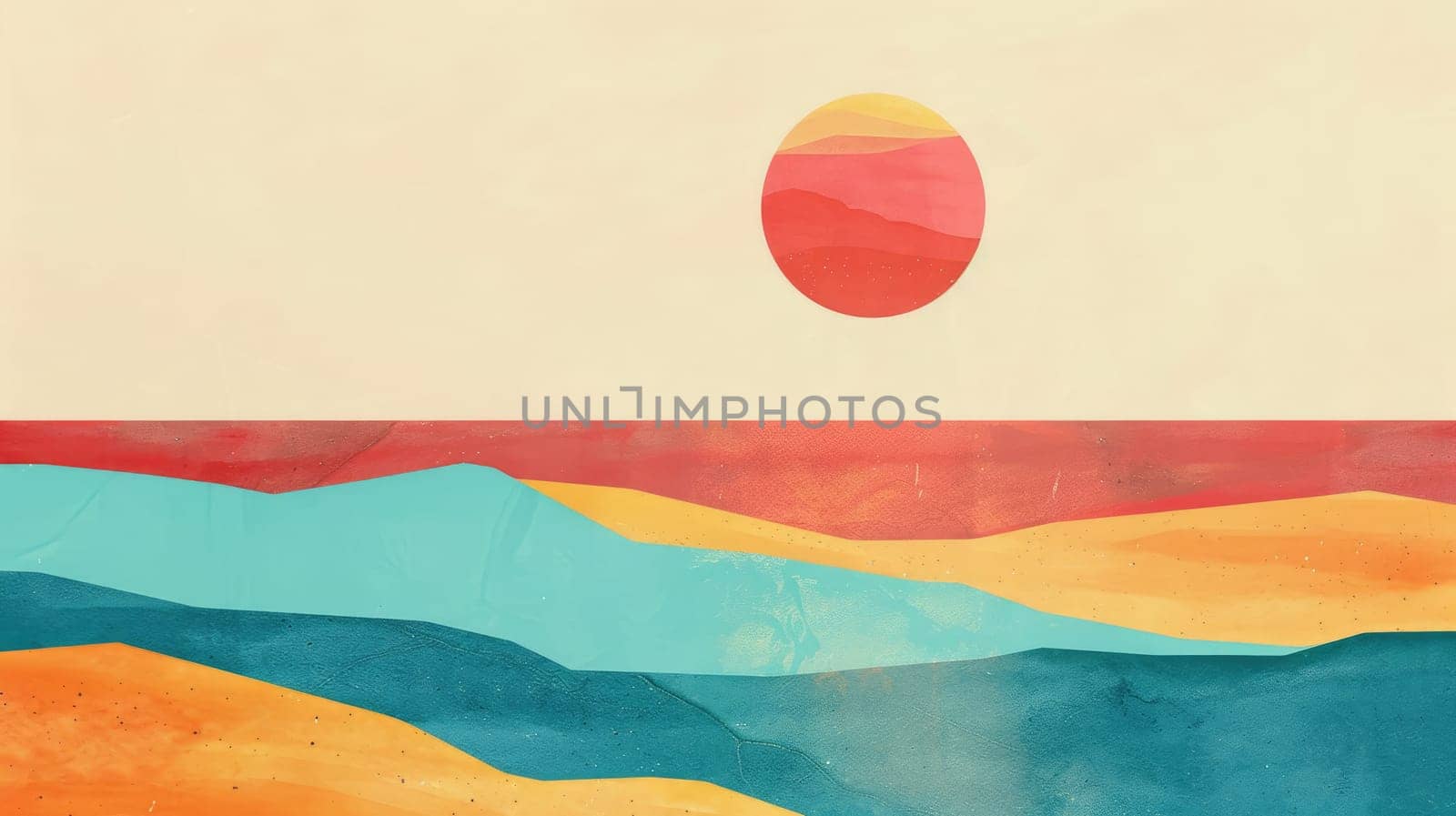 A vibrant painting of a mountain landscape with the sun in the background, featuring electric blue and magenta hues in a rectangular format AIG50