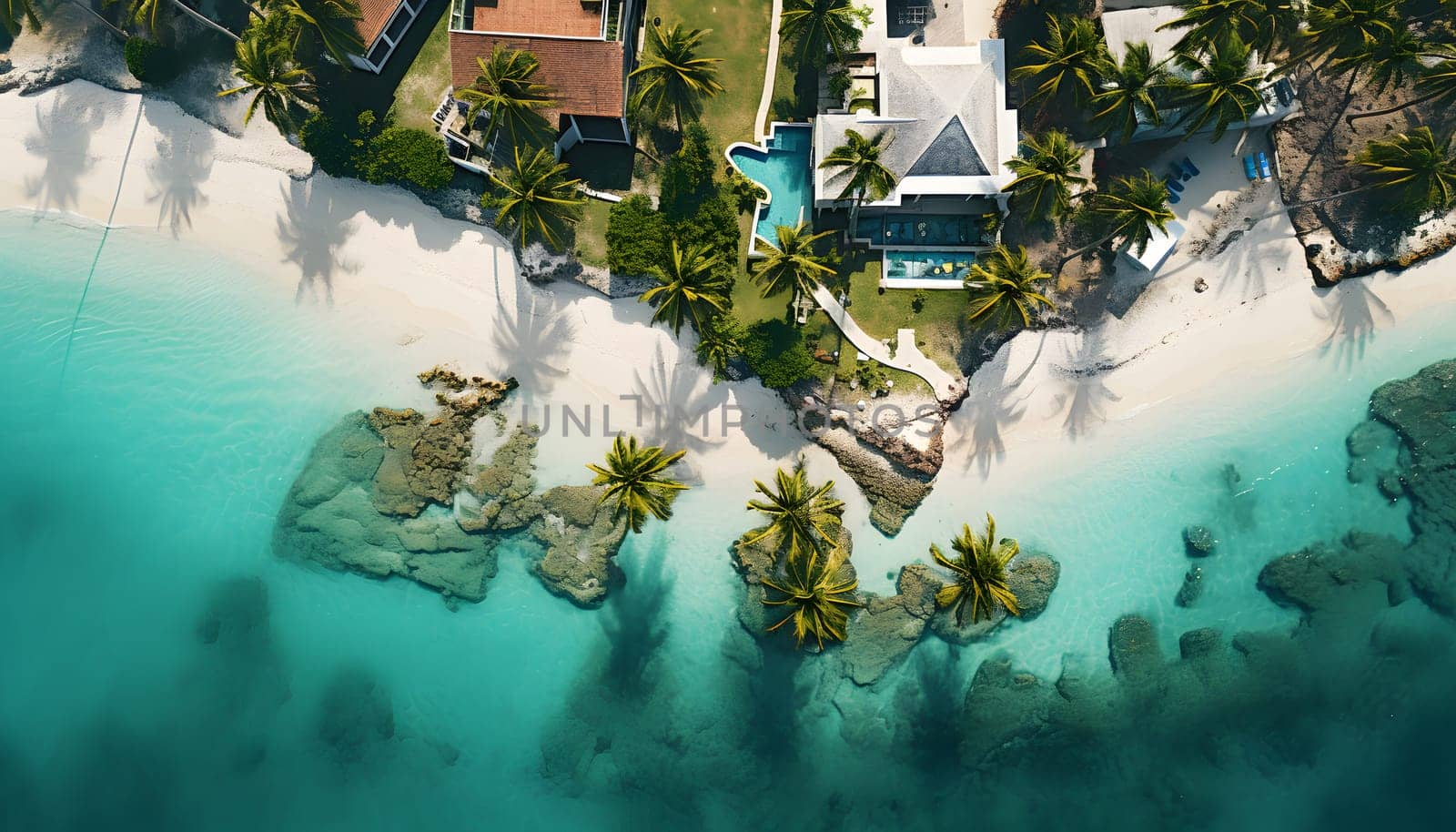 A captivating birds eye view showcases a stunning beachfront home nestled amidst the scenic beauty of palm trees swaying along the shoreline. This aerial shot captures the tranquil ambiance and grandeur of this remarkable coastal sanctuary.