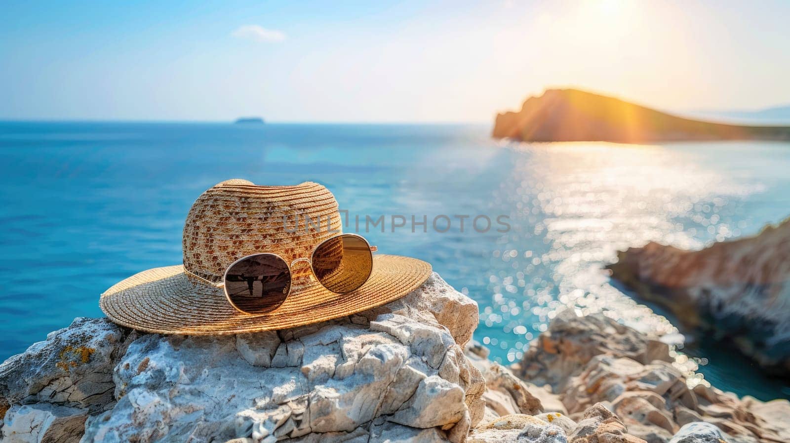 A straw hat and sunglasses rest on a rock by the ocean, offering a scenic view of the water, sky, and horizon. A perfect spot for leisure and travel AIG50