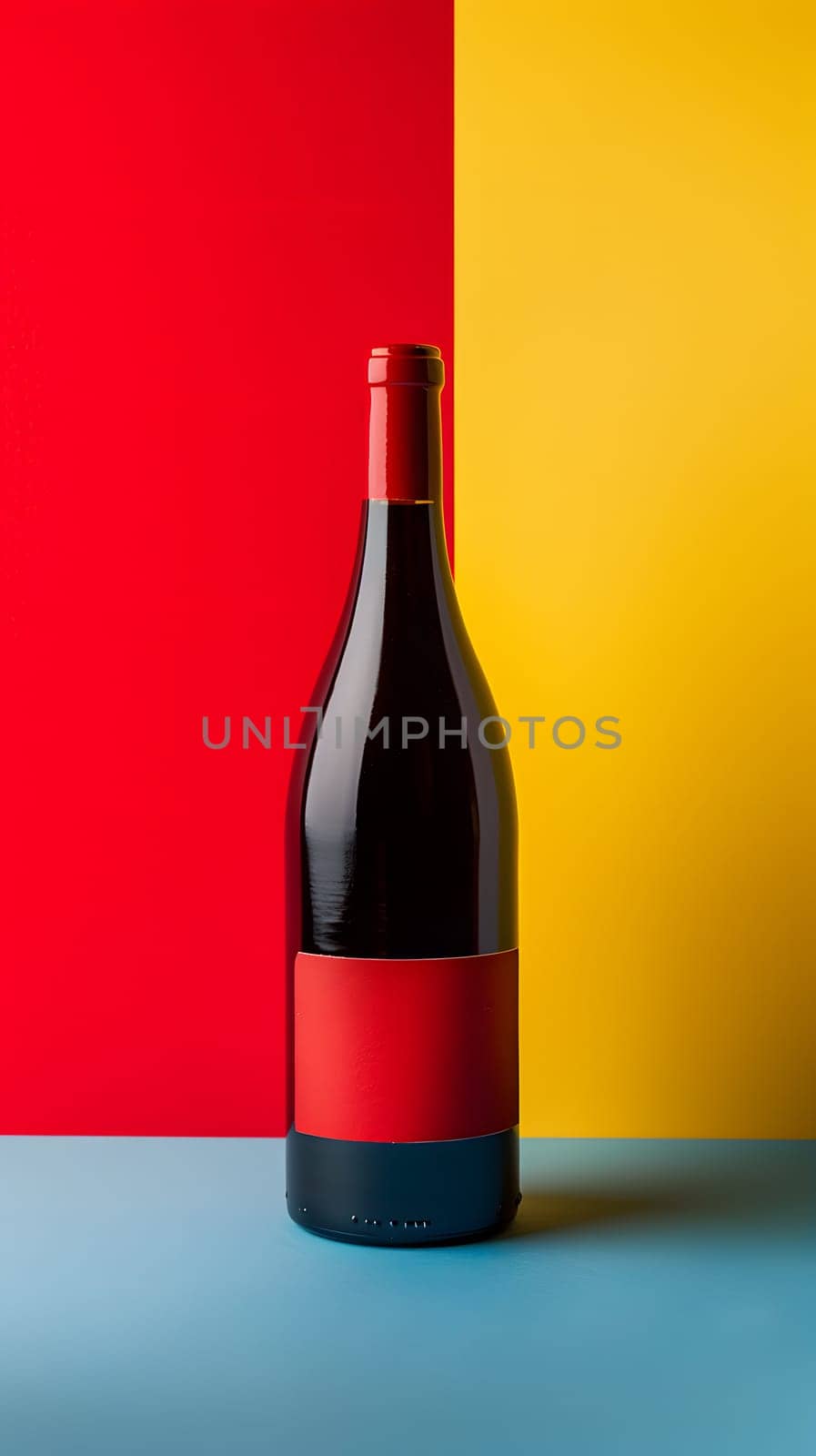 a bottle of wine with a red label on a red , yellow and blue background by Nadtochiy