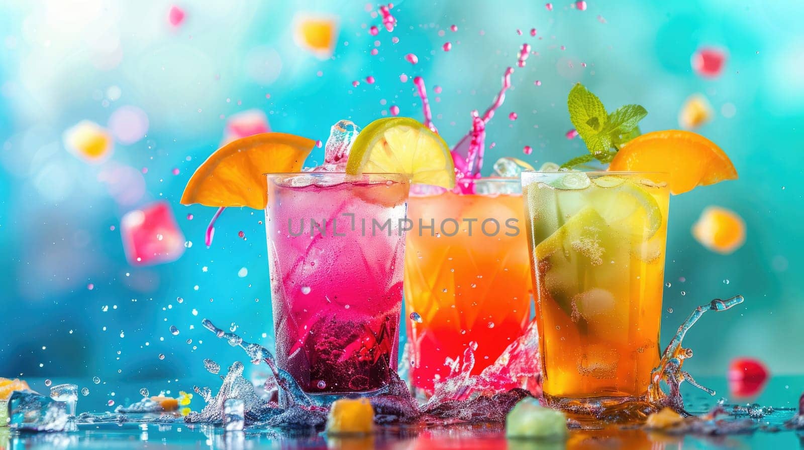 A colorful array of liquid paints splashes into the water, creating a beautiful painting resembling a natural landscape with petals, fruit, and drinkware AIG50