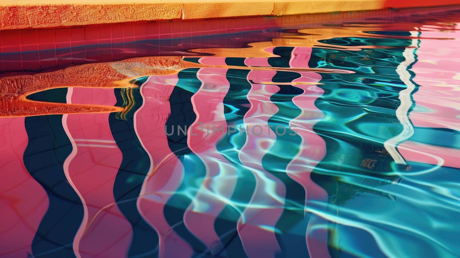 Aqua and magenta tints and shades create a vibrant display in this artistic piece featuring a colorful painting of a pool with reflections of buildings in the water AIG50