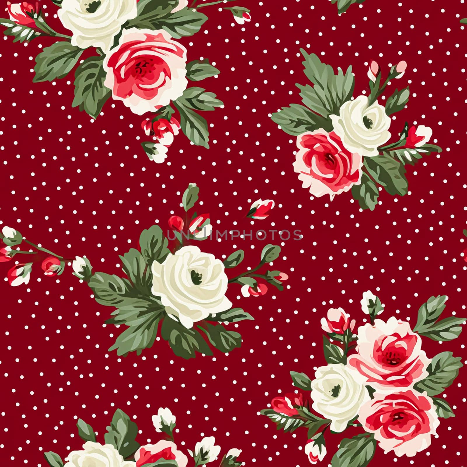Seamless pattern, tileable Christmas holiday floral, country flowers dots print, English countryside roses for wallpaper, wrapping paper, scrapbook, fabric and product design by Anneleven