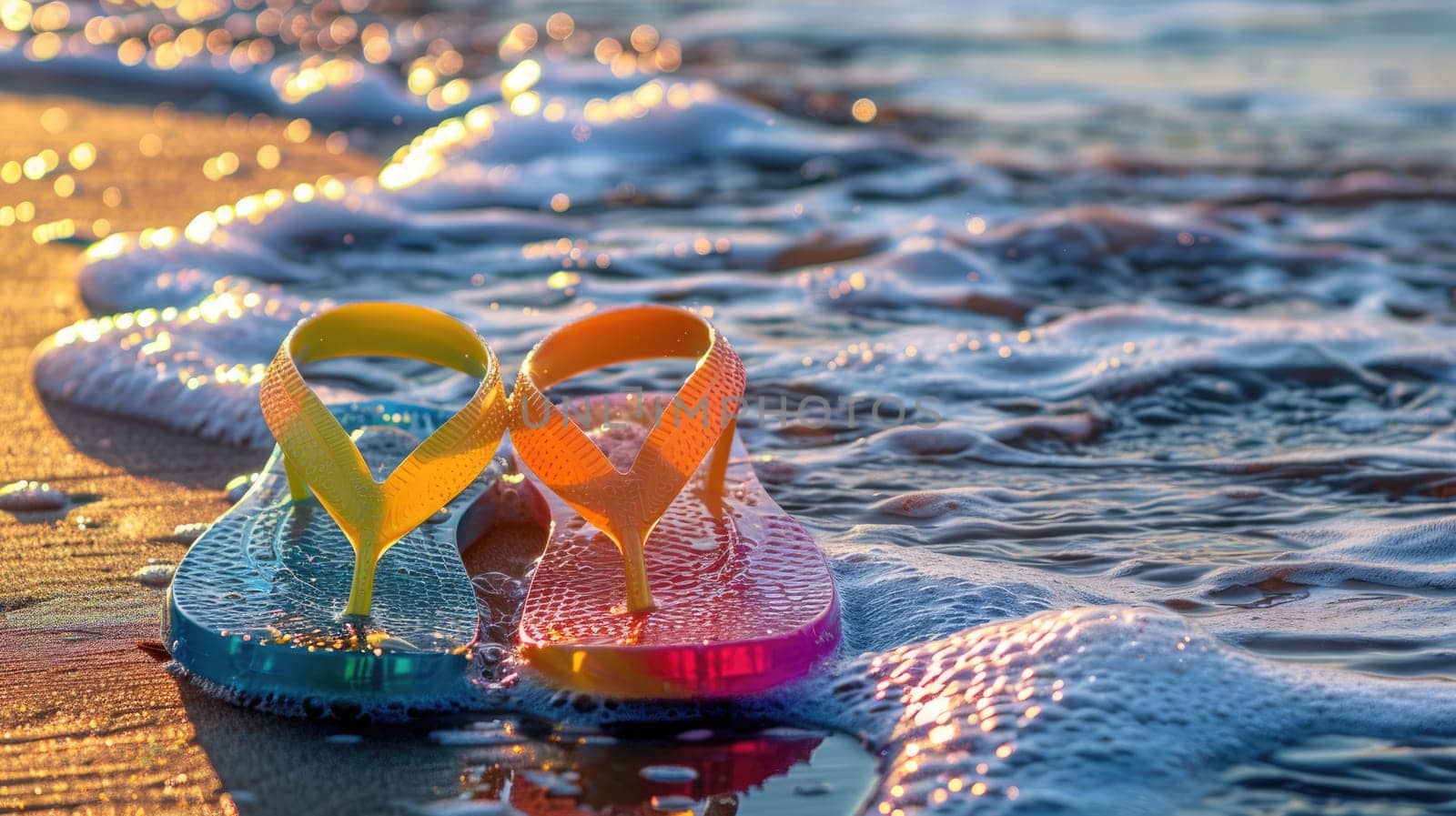 A pair of flip flops rests on the sandy beach, with waves crashing nearby. The tranquil scene is a perfect blend of water, wind, and natural landscape AIG50