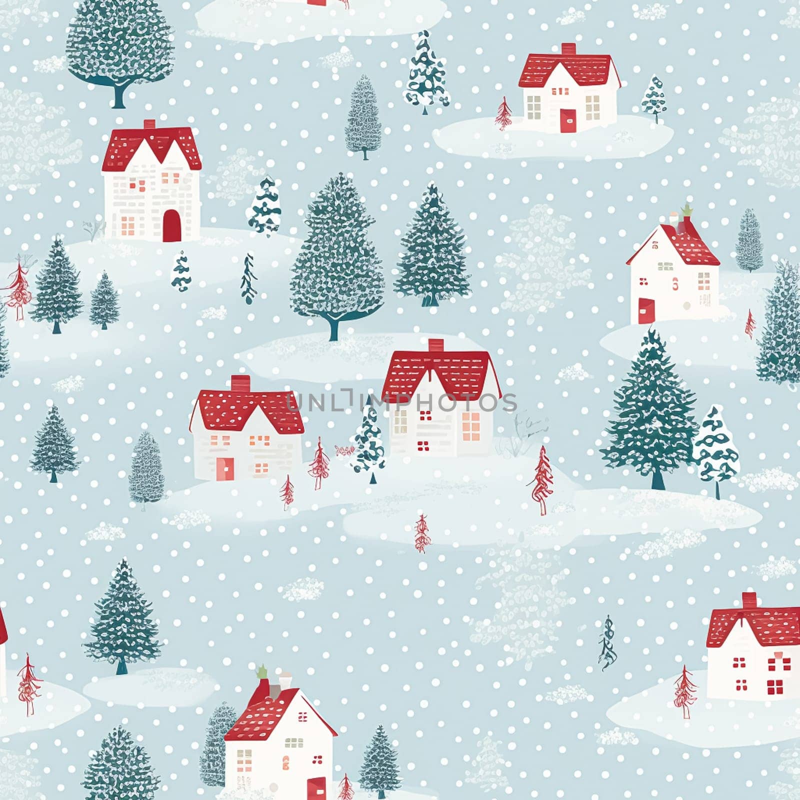 Seamless pattern, tileable winter country cottage print for wallpaper, Christmas wrapping paper, scrapbook, fabric and product design by Anneleven