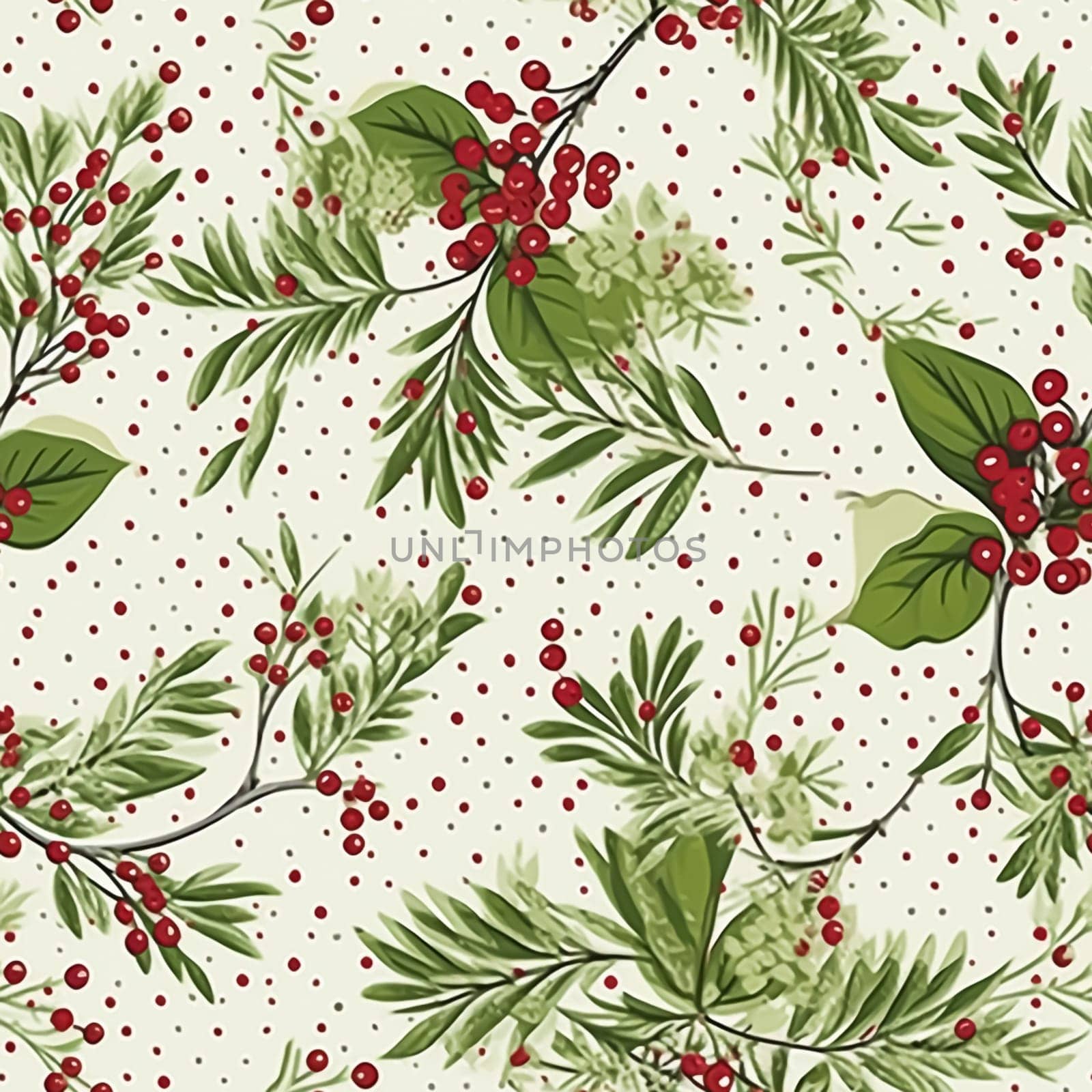 Seamless pattern, tileable modern botanical Christmas holiday, country berry dots print for wallpaper, wrapping paper, scrapbook, fabric and product design motif