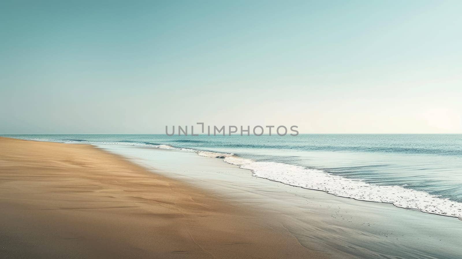 A serene landscape featuring a coastal beach with crystal clear water, waves gently rolling in under a sunny sky dotted with fluffy clouds, creating a picturesque horizon AIG50