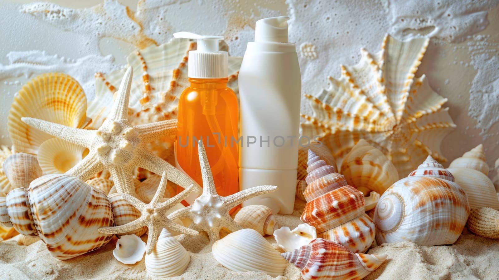 A white bottle of lotion is artistically surrounded by natural materials such as seashells and starfish. The intricate patterns of molluscs and invertebrates closeup create a beautiful piece of art AIG50