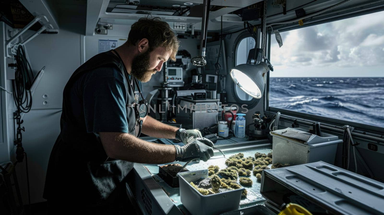 Professional marine biologist cleaning sea creature while traveling by boat in a middle of the sea. Attractive smart scientist washing coral or preparing for researching sample from the ocean. AIG42.