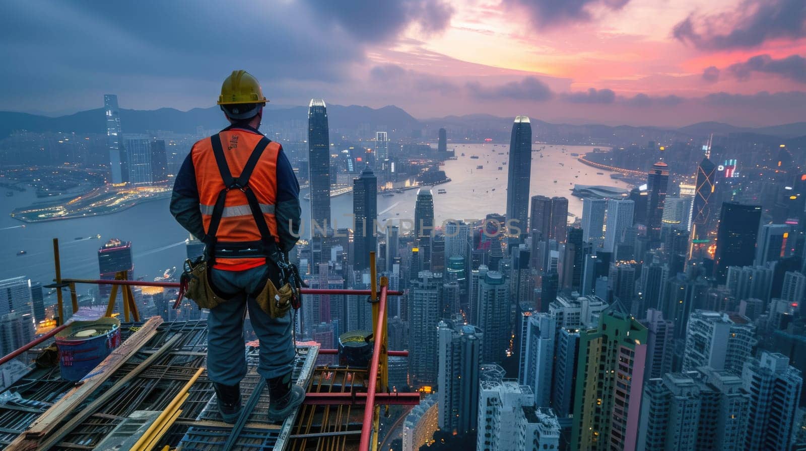 A construction worker stands atop a skyscraper, surrounded by the mesmerizing city landscape, under a cloudy sky with water glittering in the distance. AIG41