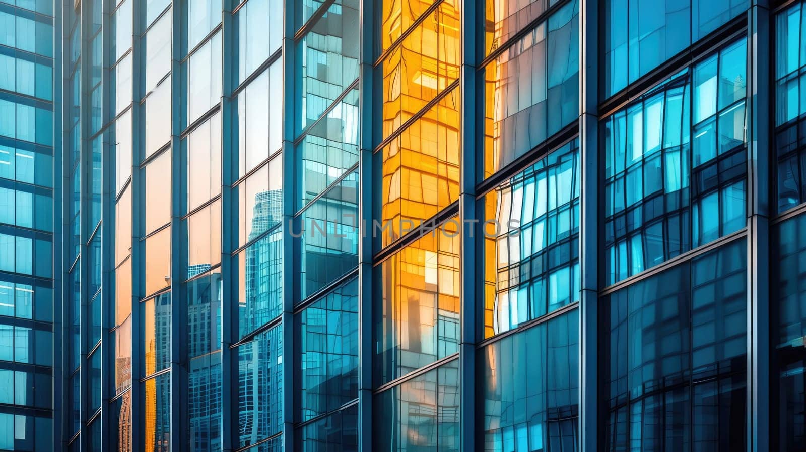 A tall building with numerous windows stands proudly on the corner, its facade adorned with glass panels, creating a symmetrical appearance in the city skyline. AIG41