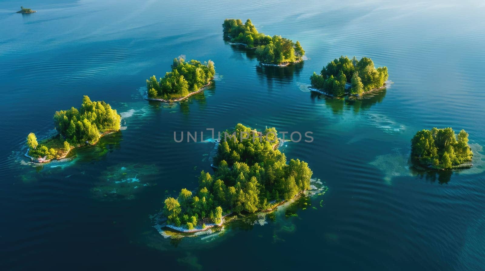 A breathtaking aerial view of a cluster of small islands surrounded by crystal clear water in the center of a serene lake, showcasing the beauty of natural landscape and marine biology AIG50