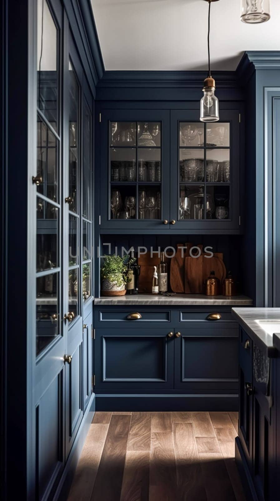 Dark blue kitchen decor, interior design and house improvement, classic English in frame kitchen cabinets, countertop and applience in a country house, post-processed, generative ai