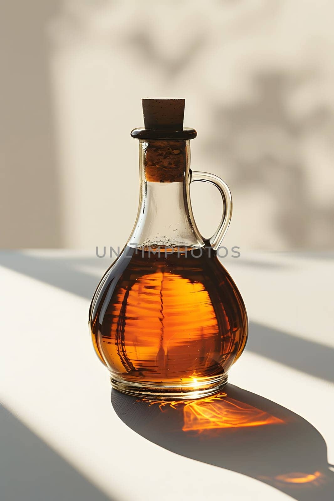Amber liquid in glass bottle with stopper on table maple syrup by Nadtochiy