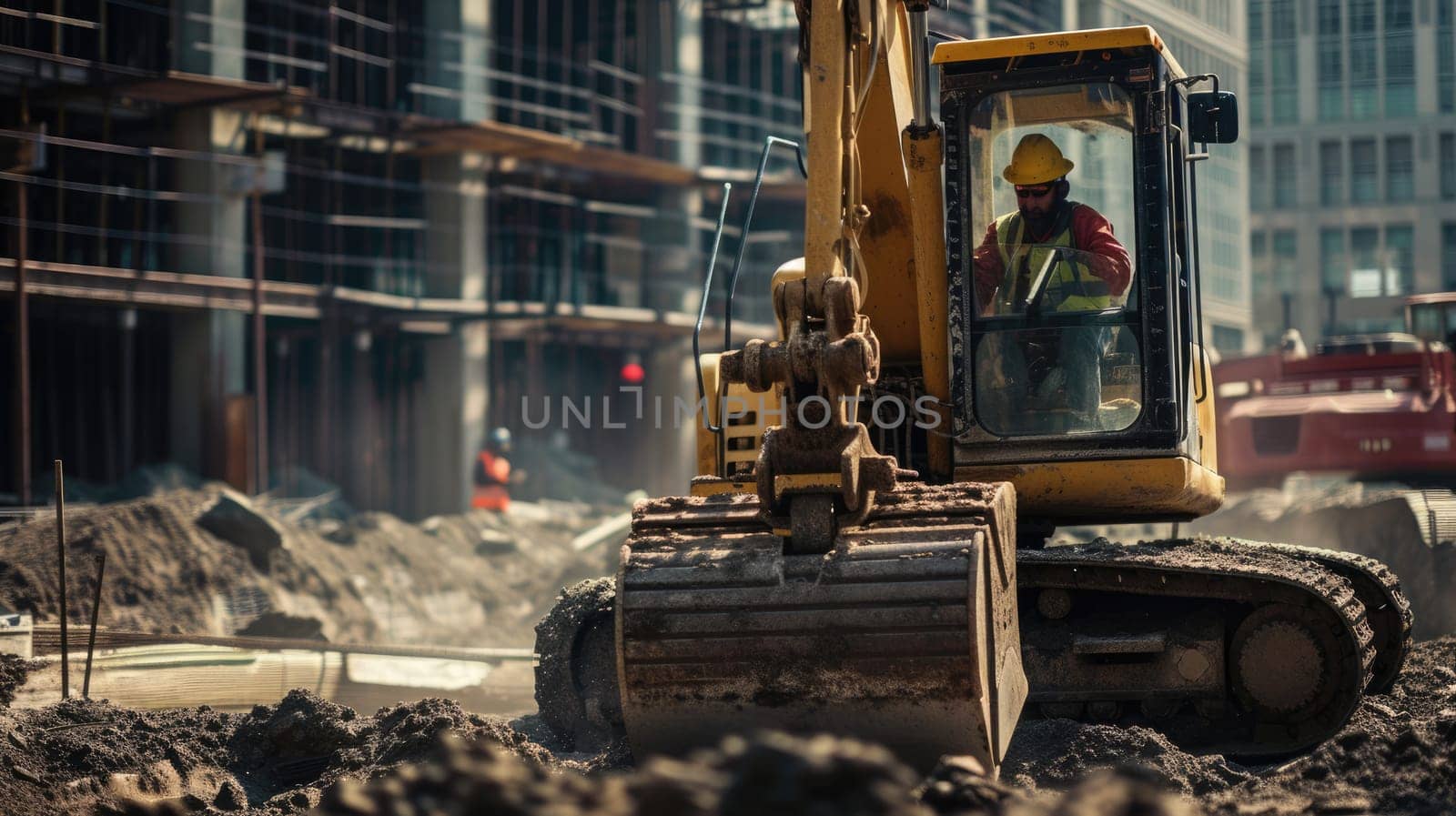 A man is operating a bulldozer at a construction site, shaping the soil for building a house in the city. AIG41