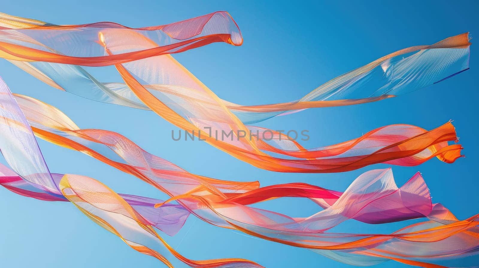 Fluid electric blue ribbons dance in the wind against a peachcolored sky, a masterpiece of nature resembling a painting inspired by marine biology AIG50