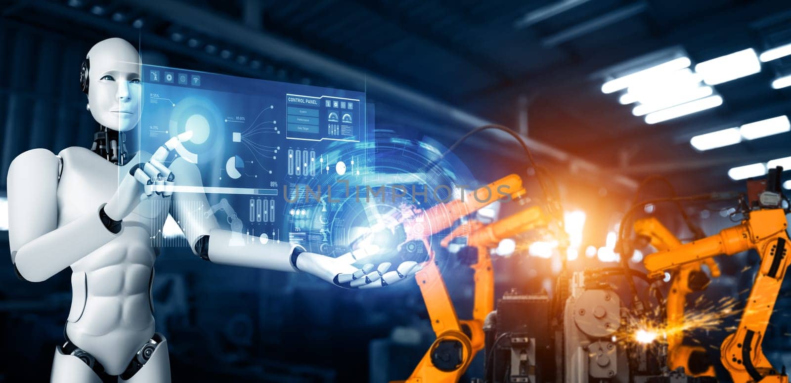 MLP Mechanized industry robot and robotic arms for assembly in factory production. Concept of artificial intelligence for industrial revolution and automation manufacturing process.