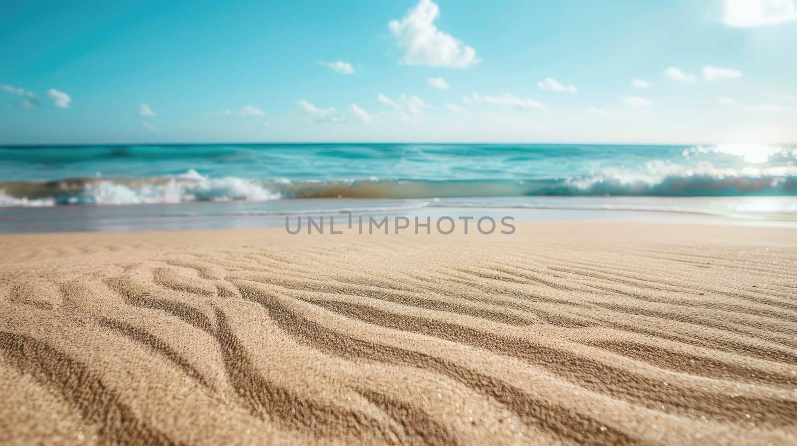 A close up of a sandy beach with waves crashing onto the shore, showcasing the beauty of natures water and wind waves in a natural landscape AIG50