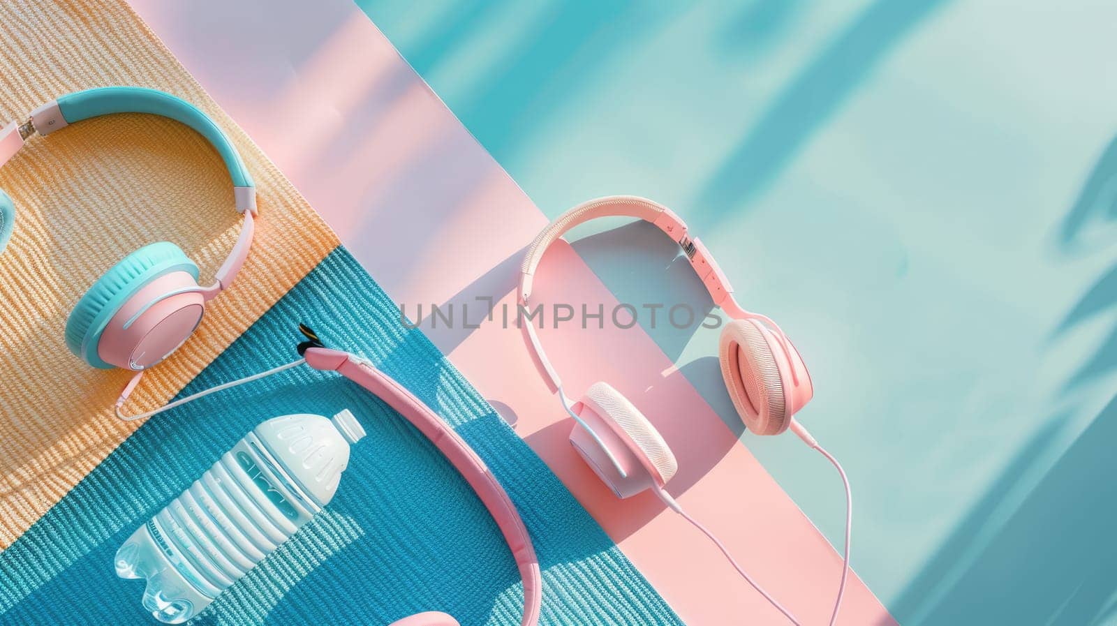 A pair of headphones, a water bottle, and sunglasses are resting on an azure picnic blanket, creating a vibrant contrast against the electric blue pattern AIG50
