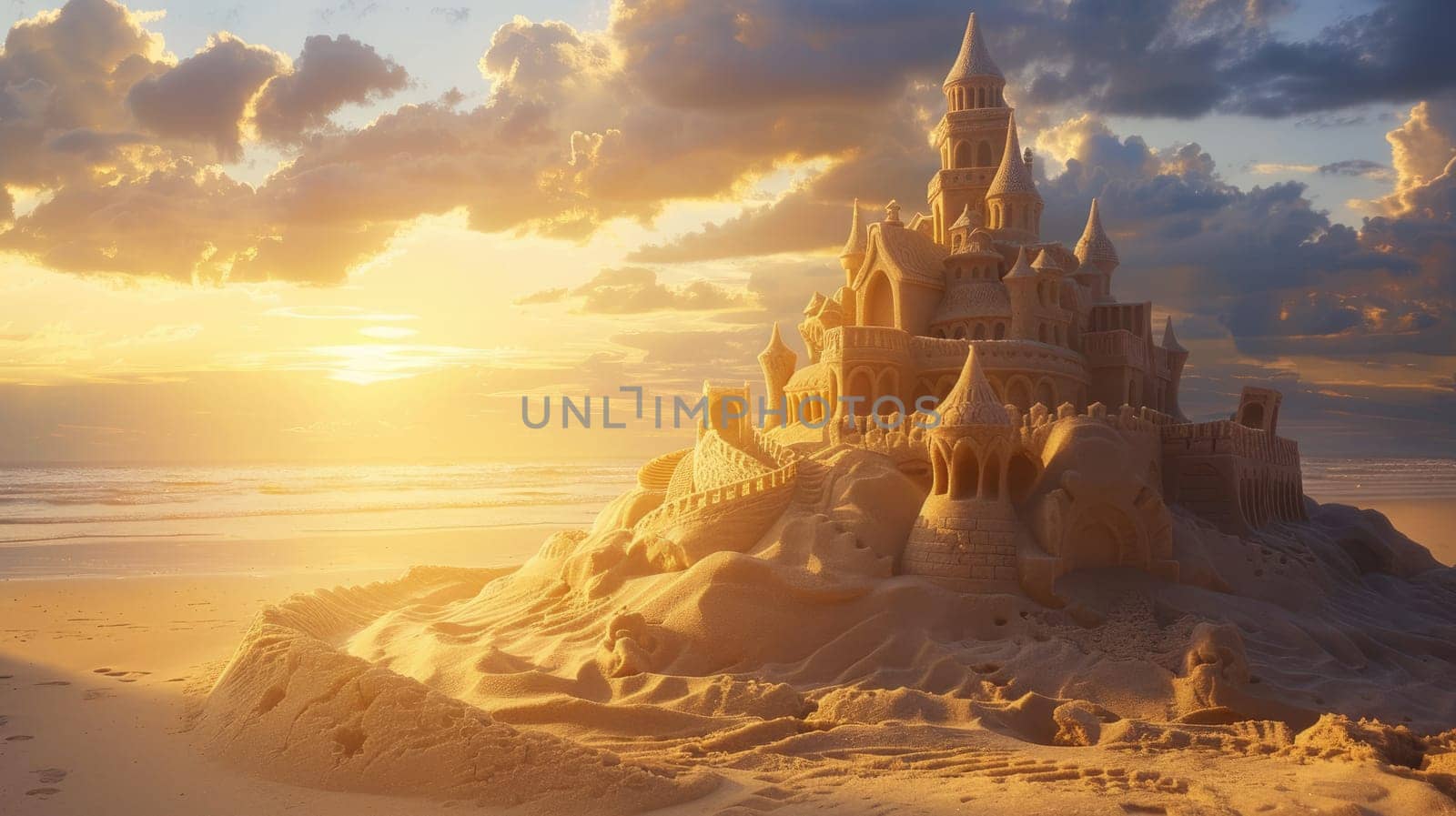 A magnificent sand castle stands tall on the beach, surrounded by the breathtaking natural landscape of the sunset sky, water, and plant life AIG50