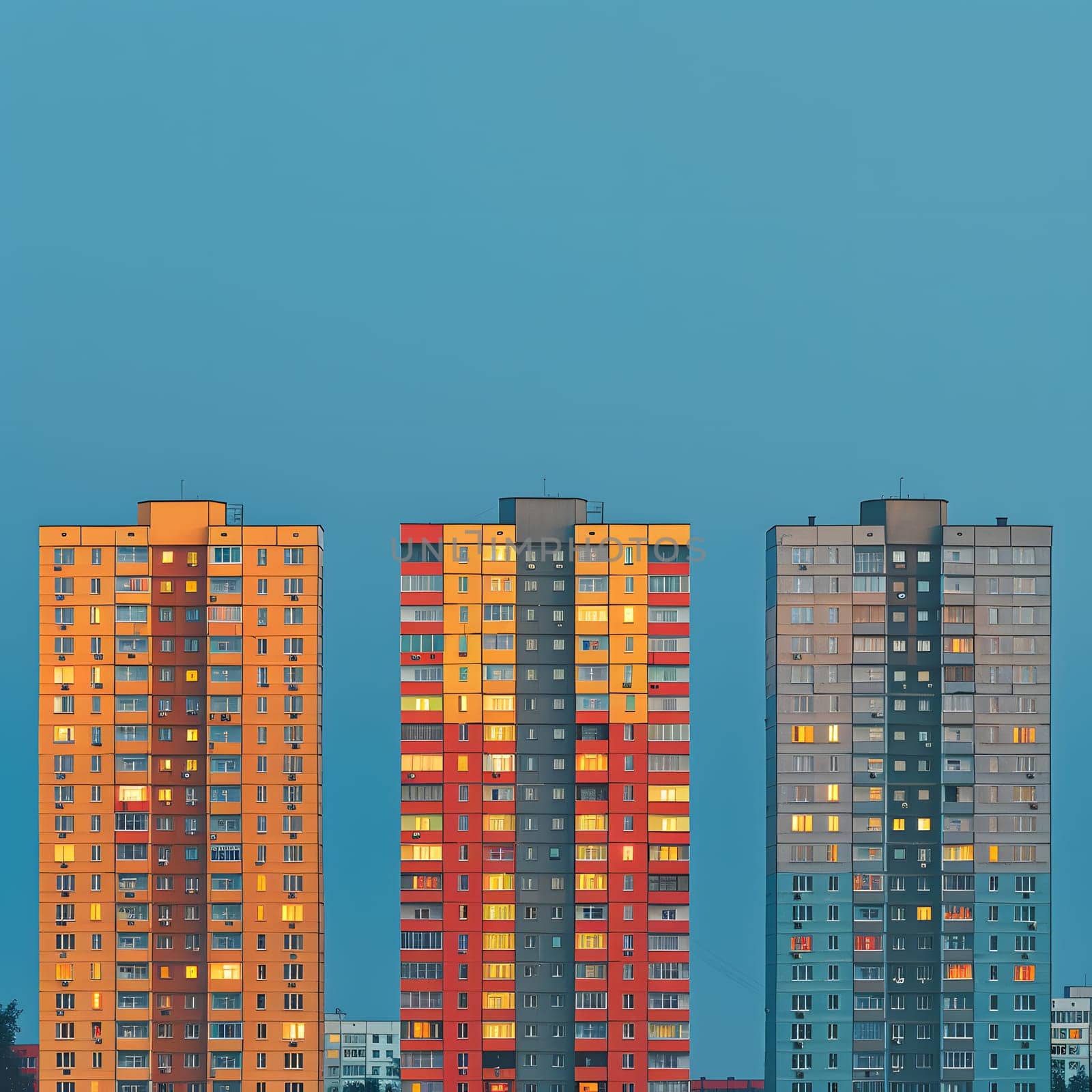 Three skyscraper tower blocks with rectangular shapes are aligned against a clear blue sky, showcasing modern urban design in a condominium setting