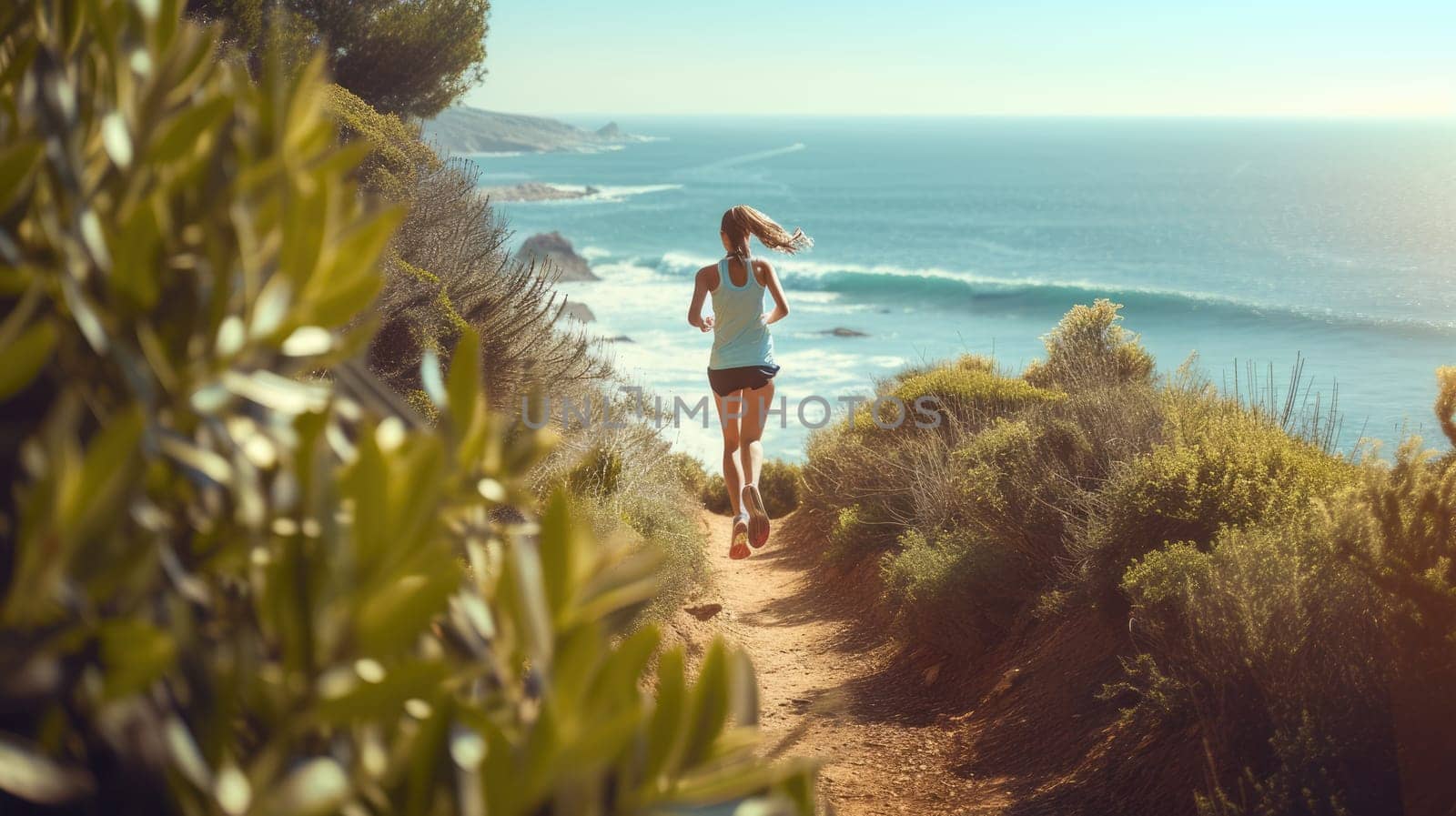 A woman enjoys leisurely running along a coastal path, surrounded by the natural landscape of ocean, sky, plants, beach, and grass. AIG41