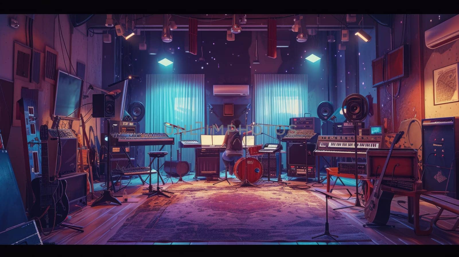 Professional happy musician recording music while thinking about rhyme at modern music studio. Attractive music producer or sound engineer focus on listening demo song while mastering track. AIG42.