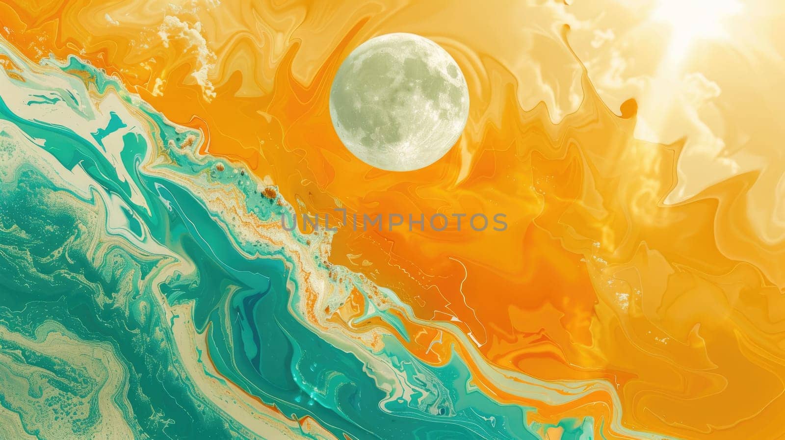 An art piece depicting wind waves crashing on a beach with mountains in the background, under a serene sky. A beautiful natural landscape blending water and land AIG50