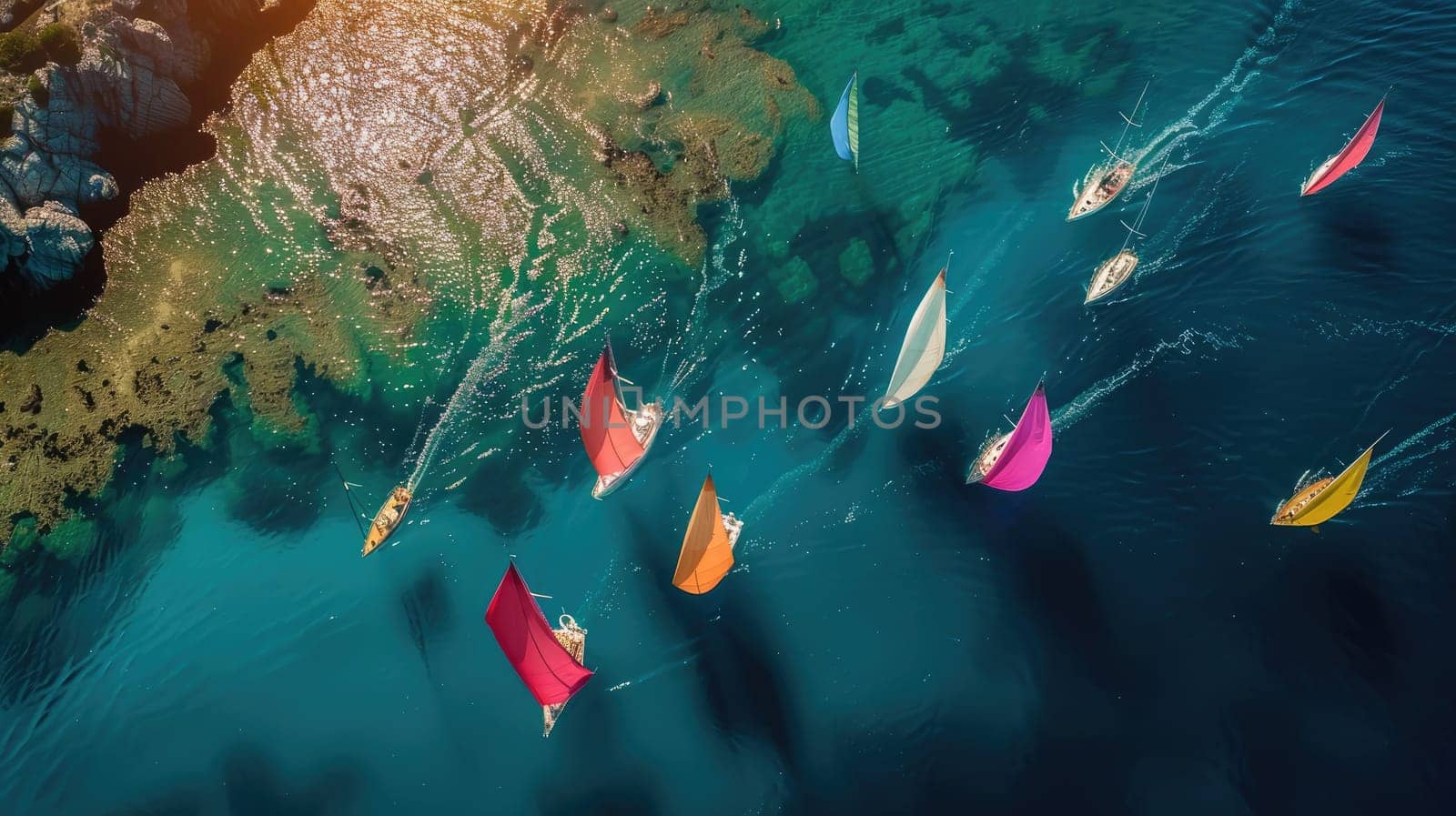 A group of sailboats is peacefully floating on the calm water, creating a picturesque scene of adventure and recreation. The electric blue sky above adds to the beauty of the event AIG50