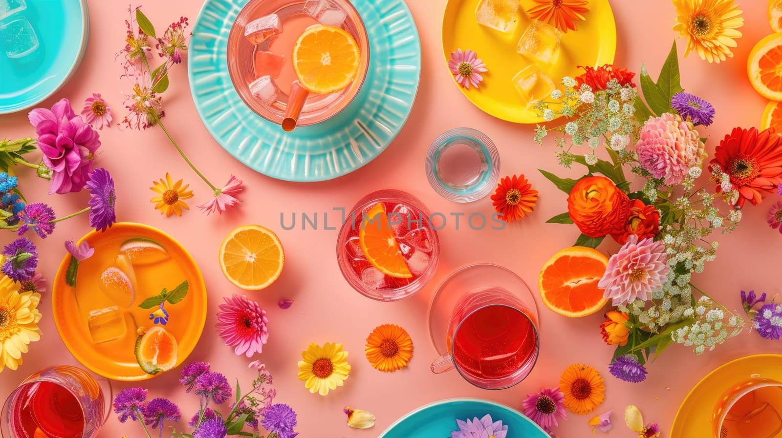 An intricate table setting with colorful dishware and drinks arranged in a circular pattern, resembling a painting of a vibrant aquatic organism AIG50