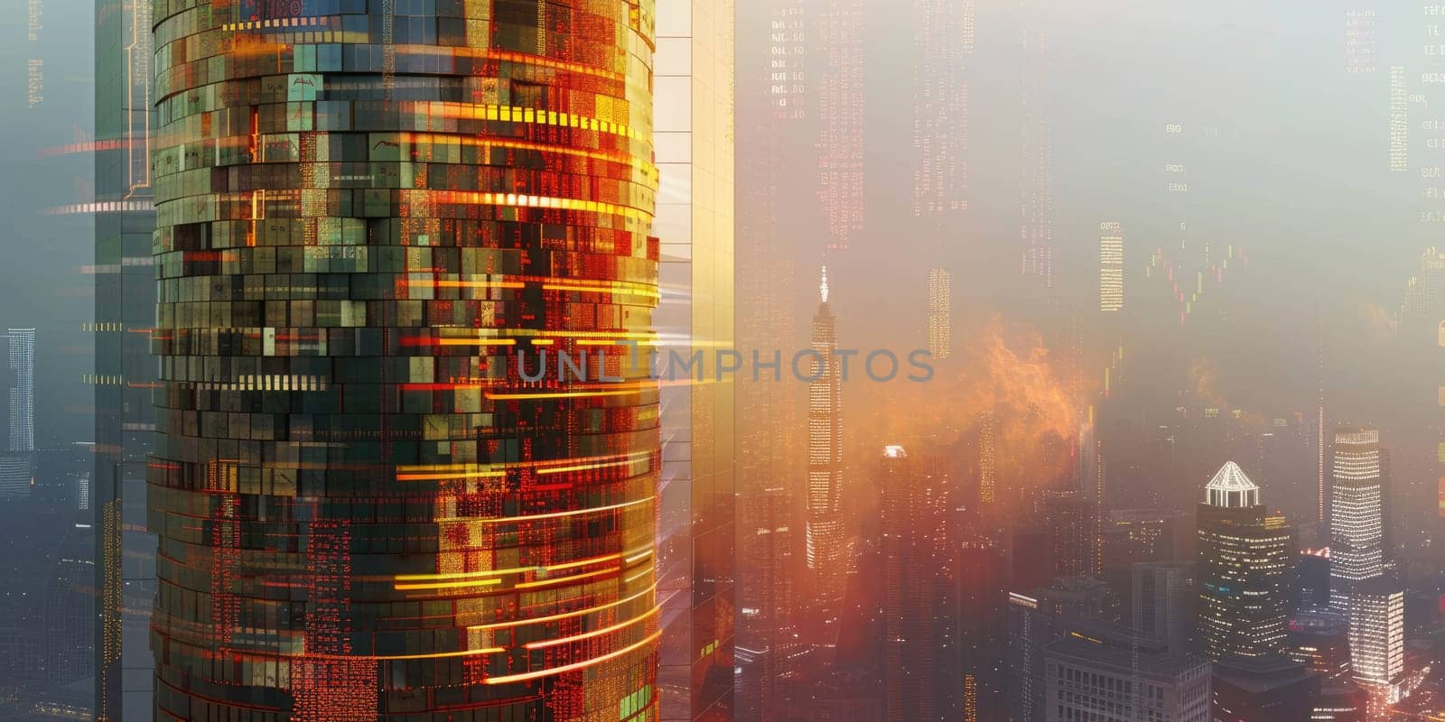 Big piles of gold coin stacked up arrange to form like tall tower or skyscraper with sky background. Arrangement of golden coins stacked up represent money investment or financial management. AIG42.