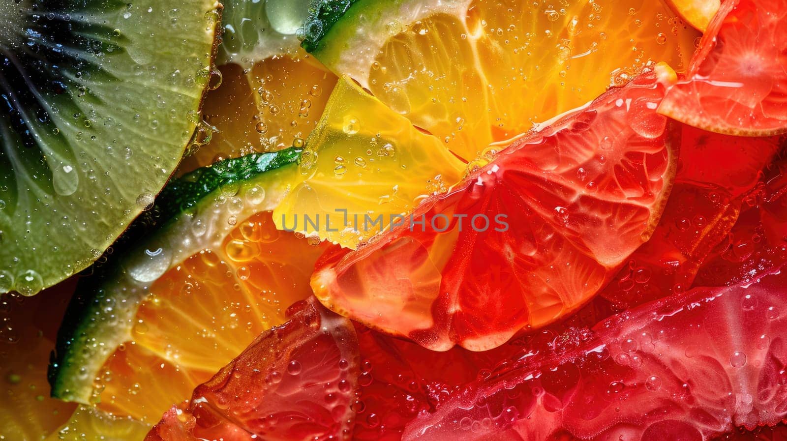 A colorful display of sliced citrus fruits such as orange, peach, and amber produce a vibrant array on the table. These ingredients can be used to create a delicious fruit dish in various cuisines AIG50