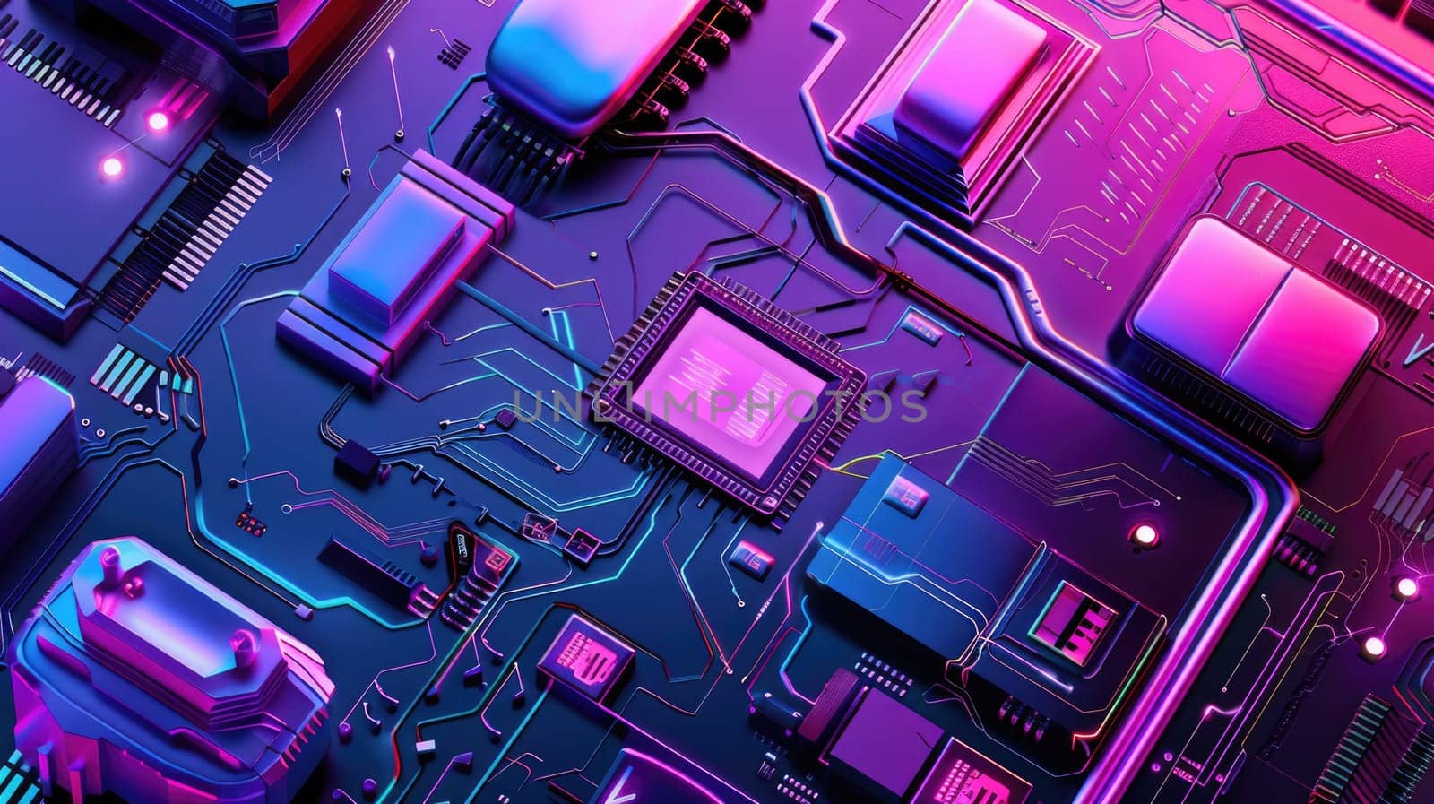 A close up of a computer circuit board with blue and purple neon lights. AIG51A.
