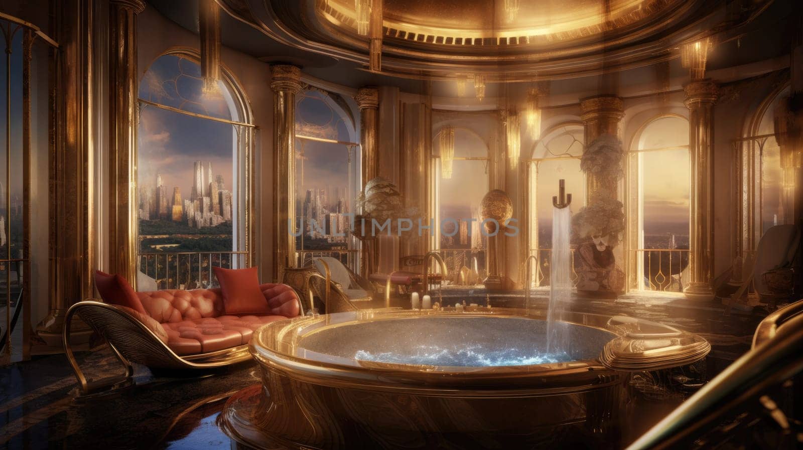 A luxurious bathroom with a golden bathtub, marble columns, and a view of the city from the large windows. AIG51A.