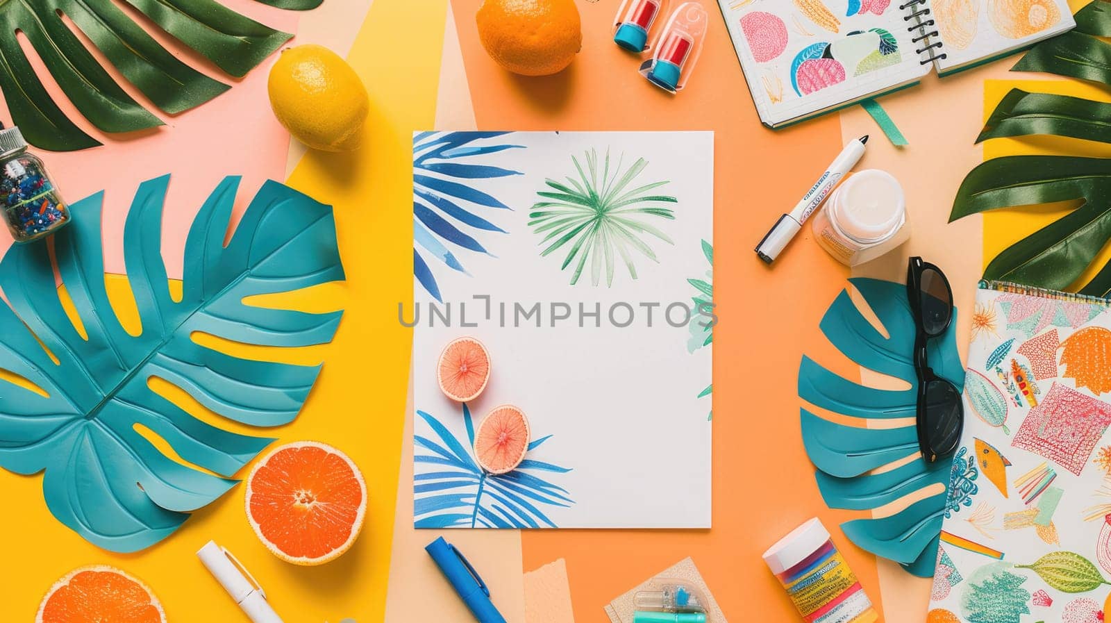 Using their green thumb and nimble fingers, a person creates paper flowers and leaves on an azure table, surrounded by nature and beauty AIG50