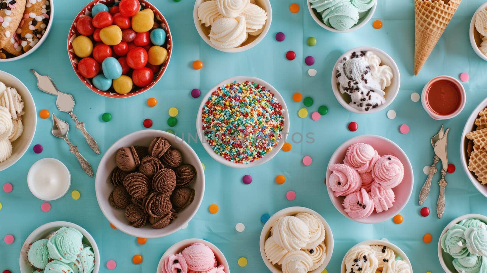 A pink table topped with bowls of candy and ice cream cones a delightful display of cuisine and recreation with magenta accents AIG50