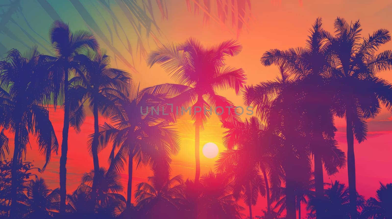 A breathtaking sunset scene with palm trees in the foreground, the sun setting in the background, casting a warm glow on the sky and creating a peaceful atmosphere AIG50